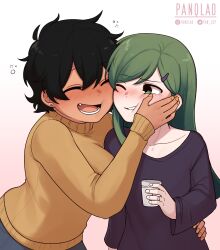 2girls absurdres black_hair blush breasts closed_eyes cup dark-skinned_female dark_skin drunk earrings fang green_eyes green_hair hair_ornament hairclip hand_on_another&#039;s_cheek hand_on_another&#039;s_face highres holding holding_cup igarashi_futaba jewelry kurobe_natsumi large_breasts multiple_girls one_eye_closed oversized_clothes oversized_shirt panqlao senpai_ga_uzai_kouhai_no_hanashi shirt short_hair squishing sweater