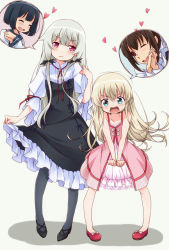 10s 4girls age_difference amano_akari black_dress black_hair black_legwear blonde_hair blue_eyes brown_hair child commentary_request dress heart kamoi_tsubame long_hair multiple_girls nora-toro onee-loli pantyhose pink_dress red_eyes season_connection short_hair silver_hair sophie_twilight speech_bubble takanashi_misha tonari_no_kyuuketsuki-san trait_connection uchi_no_maid_ga_uzasugiru! white_background yuri