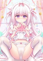 1girl blush bow breasts closed_mouth clothes_lift dress frills hair_ornament hair_ribbon headdress highres holding large_breasts long_hair looking_at_viewer navel original panties pink_dress pink_hair purple_eyes ribbon skirt skirt_lift solo stomach thighhighs underwear white_panties white_thighhighs yukimura_usagi