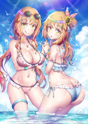 Rule 34 | 1boy, 1girl, androgynous, ass, bare shoulders, bikini, blonde hair, blush, breasts, brother and sister, butt crack, crossdressing, curvy, from behind, hair bun, hair ribbon, highres, huge ass, large breasts, long hair, looking at viewer, looking back, natsusora aona, natsusora wakana, novady, open mouth, original, ribbon, shiny clothes, shiny skin, siblings, single hair bun, smile, sunglasses, sunglasses on head, swimsuit, trap, twins, very long hair, water, wet, wet clothes, wet hair, wide hips, yellow eyes