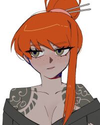 Rule 34 | 1girl, black kimono, blush, breasts, cleavage, collarbone, freckles, green eyes, hair bun, hair ornament, hair stick, highres, irezumi, ishmael (project moon), japanese clothes, kimono, kurokumo clan (identity) (project moon), limbus company, off shoulder, orange hair, parted lips, portrait, project moon, simple background, single hair bun, single sidelock, solo, tattoo, un 113, white background