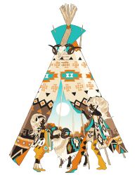 2girls animal baggy_pants blonde_hair canyon chaps dark-skinned_female dark_skin edarow fake_horns full_body hair_horns highres horizontal_pupils horned_headwear horns long_hair multiple_girls native_american orange_eyes original pants sheep sheep_girl sheep_horns simple_background standing teepee very_dark_skin white_background