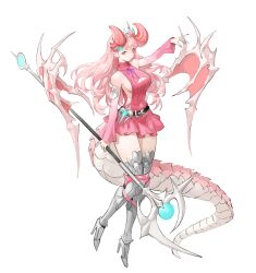 Rule 34 | 1girl, absurdres, arm at side, arm up, arowana2111, bare shoulders, belt, black belt, boots, breasts, cleavage, cleavage cutout, clothing cutout, covered navel, curved horns, detached sleeves, dragon girl, dragon tail, dress, floating headgear, full body, gradient sleeves, grey boots, halterneck, headgear, high heels, highres, holding, holding polearm, holding weapon, horns, long hair, long sleeves, low-cut armhole, medium breasts, neck ribbon, original, outstretched arm, pink dress, pink hair, pink horns, pink sleeves, pink tail, pink wings, pleated dress, polearm, purple ribbon, ribbed dress, ribbon, short dress, sideboob, sideless outfit, simple background, single sleeve past wrist, solo, tachi-e, tail, thigh boots, thighhighs, turtleneck, turtleneck dress, two-tone sleeves, two-tone tail, two-tone wings, weapon, white background, white sleeves, white tail, white wings, wings, zettai ryouiki