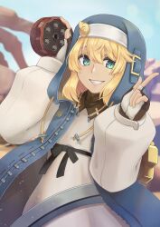 1boy androgyne_symbol aqua_eyes black_gloves blonde_hair blush bridget_(guilty_gear) cuffs fingerless_gloves gloves green_eyes grin guilty_gear guilty_gear_strive habit handcuffs highres hood hood_up hooded_jacket hoodie jacket kaeru_(csit24) long_sleeves looking_at_viewer male_focus medium_hair open_clothes open_hoodie puffy_long_sleeves puffy_sleeves smile solo trap yo-yo