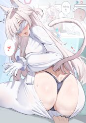 1boy 1girl absurdres akira_(blue_archive) animal_ears belt black_panties blue_archive blush breasts cat_ears cat_girl cat_tail clothes_pull commentary english_commentary eye_mask fluffyebi01 g-string gloves halo highres large_breasts long_hair looking_at_viewer looking_back multiple_views open_mouth panties pants pants_pull pink_halo shirt solo_focus spanish_text surprised sweat t-back tail thong underwear white_belt white_gloves white_hair white_pants white_shirt
