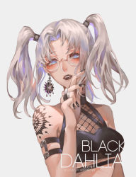 1girl black_lips blue_eyes earrings flower glasses highres jewelry nail_polish original ring shoulder_tattoo tattoo tsukimiya_akira twintails white_hair
