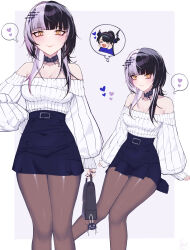 Rule 34 | &gt; &lt;, 2girls, absurdres, alternate costume, arm support, bag, bare shoulders, black hair, black nails, black pantyhose, blue hair, blue skirt, blunt bangs, blush, border, breasts, chibi, chibi inset, choker, cleavage, closed eyes, closed mouth, colored inner hair, commentary, danz, demon horns, earrings, english commentary, feet out of frame, fingernails, grey hair, hair ornament, handbag, hands on own cheeks, hands on own face, heart, highres, holding, holding bag, hololive, hololive english, horns, invisible chair, jewelry, large breasts, long hair, long sleeves, multicolored hair, multiple girls, multiple views, nail polish, nerissa ravencroft, off-shoulder sweater, off shoulder, outside border, pantyhose, puffy long sleeves, puffy sleeves, shiori novella, signature, sitting, skirt, sleeves past wrists, smile, speech bubble, split-color hair, standing, sweater, thought bubble, twitter username, two-tone hair, virtual youtuber, white border, white sweater, yorick (shiori novella)