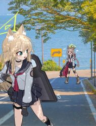 &gt;_&lt; 2_pycat 2girls absurdres animal_ears blonde_hair blue_archive blue_skirt brown_hair fox_ears fox_girl green_eyes green_halo halo highres kurumi_(blue_archive) multiple_girls neckerchief otogi_(blue_archive) red_neckerchief school_uniform serafuku shirt skirt thighs white_shirt