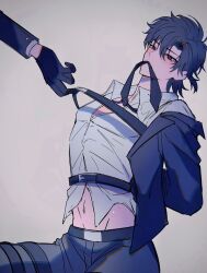2boys absurdres arms_behind_back bdsm belt black_belt black_gloves black_hair black_jacket black_necktie black_pants blush bound bound_wrists brown_eyes cheng_xiaoshi chest_belt chinese_commentary collared_shirt dress_shirt gloves grey_background groin harness highres jacket lifting_another&#039;s_clothes long_sleeves male_focus midriff_peek mouth_hold multiple_boys navel necktie necktie_in_mouth official_alternate_costume open_clothes open_collar open_jacket out_of_frame pants ponytail qianmo_saya restrained shiguang_dailiren shirt short_hair short_ponytail simple_background sitting solo_focus thigh_strap white_shirt yaoi