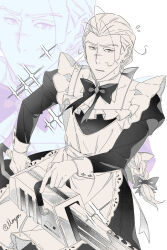1boy apron blush bow bowtie chainsaw crossdressing earrings edgar_roni_figaro final_fantasy final_fantasy_vi highres holding holding_chainsaw jewelry looking_at_viewer maid_apron male_focus mayu-missing monochrome pendant ponytail slight_blush sparkle sweatdrop