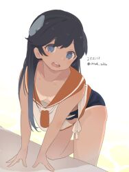 Rule 34 | 1girl, arm support, bare arms, black hair, blue eyes, blue one-piece swimsuit, blush, breasts, clothes pull, collarbone, dated, foot out of frame, hair between eyes, head tilt, headgear, highres, i-400 (kancolle), kantai collection, kneeling, long hair, looking at viewer, one-hour drawing challenge, one-piece swimsuit, one-piece swimsuit pull, open mouth, orange sailor collar, sailor collar, satsuki tooka, shirt, side-tie shirt, sleeveless, sleeveless shirt, small breasts, solo, swimsuit, tan, tanline, teeth, twitter username, upper teeth only, white background, white shirt, yellow background