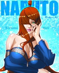 1girl absurdres arm_under_breasts artist_name blue_dress breasts brown_hair character_name copyright_name dress green_eyes hair_over_one_eye hand_on_own_face highres large_breasts long_hair looking_at_viewer nail_polish naruto_(series) naruto_shippuuden saburo_des solo strapless strapless_dress terumi_mei topknot twitter_username upper_body