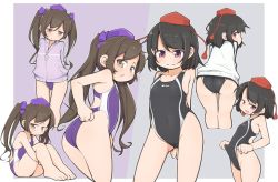 2girls :d alternate_costume ass bare_shoulders black_hair black_leotard blush brown_eyes brown_hair competition_swimsuit contrapposto covered_navel cowboy_shot cropped_legs feet_out_of_frame flat_chest full_body hat highres himekaidou_hatate jitome leotard long_hair looking_back multiple_girls multiple_views one-piece_swimsuit open_mouth purple_background purple_eyes shameimaru_aya short_hair simple_background sitting smile swimsuit tokin_hat touhou turnip_kabura