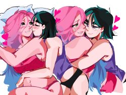 2girls alien_stage black_hair black_panties blue_hair bra commentary english_commentary gradient_hair green_eyes heart highres hug lying m0nacrose mizi_(alien_stage) multicolored_hair multiple_girls on_side panties pillow pink_bra pink_hair pink_panties purple_eyes purple_tank_top short_hair simple_background sua_(alien_stage) tank_top two-tone_hair underwear white_background yuri