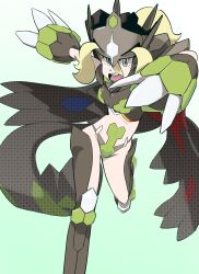 1girl absurdres black_panties black_shoes blonde_hair cosplay fake_claws foob_(fb_hm) gen_6_pokemon highres korrina_(pokemon) legendary_pokemon nintendo open_mouth panties pokemon pokemon_xy shoes solo underwear zygarde zygarde_(complete) zygarde_(cosplay)