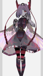 1girl :| android antennae bandages border breasts closed_mouth commission covered_navel dot_nose feet_out_of_frame fish_skeleton_hair_ornament grey_border hair_intakes hair_over_one_eye hands_up hat highres joints leotard mechabare mechanical_arms mechanical_hands mechanical_wings multicolored_hair nanatsuki_sousuke nurse_cap purple_hair red_eyes robot_ears robot_joints see-through_clothes see-through_skirt simple_background skeb_commission skirt small_breasts striped_clothes striped_thighhighs thighhighs white_background wings