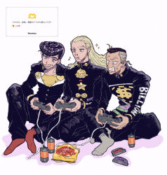 3boys angry black_hair black_jacket black_pants blonde_hair blue_eyes chips_(food) collared_jacket controller crossed_legs diamond_wa_kudakenai dollar_sign earrings face_piercing food gakuran game_controller green_eyes grey_hair grey_socks higashikata_josuke highres holding holding_controller holding_game_controller jacket jewelry jojo_no_kimyou_na_bouken kneeling linked_piercing long_hair male_focus multicolored_hair multiple_boys musical_note nijimura_okuyasu nose_piercing pants peace_symbol piercing pink_shirt playing_games pompadour potato_chips red_socks school_uniform shirt short_hair sitting smile socks sparkle star_(symbol) sweatdrop t_0nd two-tone_hair yellow_shirt yen_sign