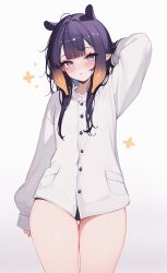 Rule 34 | 1girl, :&lt;, absurdres, alternate costume, arm behind head, black panties, blonde hair, blue eyes, blush, center-flap bangs, closed mouth, commentary, cowboy shot, english commentary, gluteal fold, highres, hololive, hololive english, koahri, lapels, long hair, long sleeves, looking at viewer, messy hair, mole, mole under eye, multicolored hair, ninomae ina&#039;nis, no pants, notched lapels, orange hair, pajamas, panties, pointy ears, purple hair, shirt, sleeves past wrists, solo, straight-on, tentacle hair, thighs, two-tone hair, underwear, virtual youtuber, white shirt