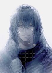 1boy blue_eyes blue_hair highres huli_xiaobai jujutsu_kaisen long_hair looking_at_viewer mahito_(jujutsu_kaisen) male_focus shirt solo stitched_face stitches upper_body