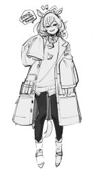 1girl agnes_tachyon_(umamusume) animal_ears boots coat english_text full_body greyscale horse_ears horse_girl kinzaibatsu91 lab_coat looking_at_viewer monochrome necktie open_clothes open_coat open_mouth pantyhose simple_background sleeves_past_fingers sleeves_past_wrists smile solo speech_bubble standing sweater_vest umamusume white_background
