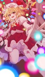 1girl :d ascot blonde_hair crystal crystal_wings danmaku dress fangs flandre_scarlet frilled_dress frilled_sleeves frills from_below hat hat_ribbon highres ichigo_mogu_15 laevatein_(touhou) looking_at_viewer mob_cap multicolored_wings one_side_up open_mouth outstretched_arm red_eyes red_shoes red_skirt red_vest ribbon shoes short_hair side_ponytail skirt skirt_set smile solo touhou vampire vest white_hat wings yellow_ascot
