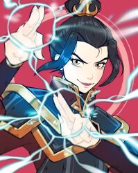 1girl avatar:_the_last_airbender avatar_legends azula black_hair casting_spell closed_mouth commentary electricity gold_trim hair_intakes highres orange_eyes pichichustudio red_background red_lips short_hair simple_background smile solo topknot