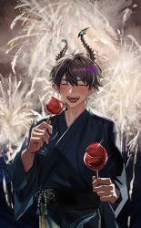 Rule 34 | 1boy, absurdres, aerial fireworks, alternate costume, arms up, asymmetrical horns, black hair, black horns, blue kimono, blush, candy apple, closed eyes, commentary, cowboy shot, ear piercing, earrings, fangs, fireworks, food, hair between eyes, highres, holding, holding candy apple, holding food, horns, japanese clothes, jewelry, kimono, long sleeves, male focus, ne2 (renznyanya), nijisanji, nijisanji en, open mouth, parted bangs, piercing, pointy ears, ren zotto, smile, solo, teeth, tongue, uneven horns, upper teeth only, virtual youtuber, yukata
