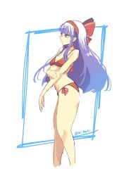1girl artist_name ass bikini breasts cleavage from_side hair_ribbon highres legs long_hair nakoruru ori_tsuki purple_eyes purple_hair red_bikini ribbon samurai_spirits small_breasts snk solo swimsuit the_king_of_fighters thighs