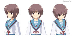 00s 1girl 3d brown_eyes brown_hair female_focus multiple_views nagato_yuki non-web_source profile school_uniform serafuku short_hair simple_background suzumiya_haruhi_no_yuuutsu upper_body white_background