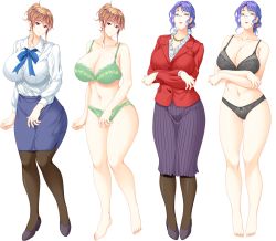 2girls bad_feet blue_hair bra breasts brown_eyes brown_hair cleavage curvy daimon_naoko formal_clothes full_body game_cg glasses highres huge_breasts kyonyuu_hitozuma_onna_kyoushi_saimin lingerie looking_at_viewer mature_female multiple_girls office_lady panties pantyhose pencil_skirt principal purple_eyes ribbon shirakawa_miwa shirt simple_background skirt skirt_suit skyhouse smile standing suit tachi-e teacher underwear underwear_only white_background wide_hips