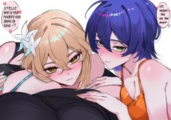 3girls absurdres arnkun belle_(zenless_zone_zero) black_shirt blonde_hair blue_hair blush breasts brown_eyes cleavage company_connection crossover genshin_impact green_eyes highres honkai:_star_rail honkai_(series) large_breasts lumine_(genshin_impact) multiple_girls pov shirt short_hair simple_background speech_bubble stelle_(honkai:_star_rail) trailblazer_(honkai:_star_rail) trait_connection white_background yuri zenless_zone_zero