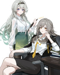 2girls alternate_costume aqua_hair artist_name black_hairband black_pants black_pantyhose closed_mouth collared_shirt firefly_(honkai:_star_rail) gradient_hair green_skirt grey_hair hairband highres holding honkai:_star_rail honkai_(series) id_card long_hair looking_at_viewer meoyo multicolored_eyes multicolored_hair multiple_girls necktie office_lady pants pantyhose shirt shirt_tucked_in simple_background sitting sketch skirt smile stelle_(honkai:_star_rail) trailblazer_(honkai:_star_rail) unfinished white_background white_shirt yellow_eyes yellow_necktie