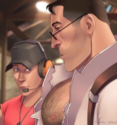 2boys aquiline_nose bara baseball_cap black_hair blue_eyes brown_hair bursting_pectorals chest_hair dated dog_tags facial_hair from_side girl_staring_at_guy&#039;s_chest_(meme) glasses hat headset lab_coat large_pectorals looking_at_pectorals male_focus mature_male medic_(tf2) meme multiple_boys muscle_envy muscular muscular_male nipples nose pectoral_cleavage pectoral_focus pectorals saija_honkanen scout_(tf2) shirt short_hair signature stubble surprised suspenders team_fortress_2 torn_clothes torn_shirt