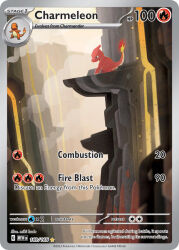 animal_focus artist_name card_(medium) character_name charmander charmeleon cliff closed_mouth company_name copyright_name copyright_notice english_text fire flame-tipped_tail gen_1_pokemon miki_kudo nintendo no_humans official_art pokemon pokemon_(creature) pokemon_card pokemon_focus pokemon_tcg solo tail third-party_source trading_card