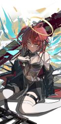 1girl absurdres ar-15 arknights assault_rifle bare_shoulders bigchaping black_bra black_jacket black_nails black_shorts bra breasts closed_mouth earrings exusiai_(arknights) exusiai_the_new_covenant_(arknights) feet_out_of_frame fingernails gun halo hand_on_own_chest hand_up highres jacket jacket_partially_removed jewelry long_sleeves medium_breasts medium_hair nail_polish one_side_up open_clothes open_jacket orange_eyes parted_bangs red_hair rifle see-through_clothes see-through_shirt shirt shorts sidelocks single_thighhigh sitting solo thigh_strap thighhighs traditional_halo underwear wariza weapon white_thighhighs yellow_halo