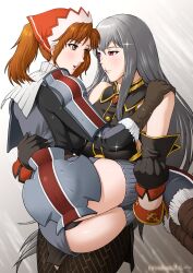 Rule 34 | 2girls, alicia melchiott, ass, blush, boots, breasts, brown eyes, brown hair, cameltoe, carrying, detached sleeves, dress, from behind, from below, gloves, grey hair, headdress, highres, large breasts, long hair, looking at another, medium breasts, military uniform, multiple girls, open mouth, panties, pantyhose, pantyshot, parted lips, princess carry, rakusai (saisai garou), red eyes, selvaria bles, senjou no valkyria (series), short dress, smile, thick thighs, thigh boots, thighhighs, thighs, twintails, underwear, uniform, very long hair