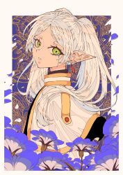 1girl abstract_background absurdres artdroiiid_ii blue_flower capelet collar commentary crying crying_with_eyes_open earrings elf english_commentary floating_earrings flower frieren from_side green_eyes hair_over_shoulder highres jewelry long_hair looking_at_viewer parted_bangs parted_lips pointy_ears sad sideways_glance solo sousou_no_frieren straight_hair streaming_tears teardrop_earrings tears turning_head twintails white_capelet white_hair
