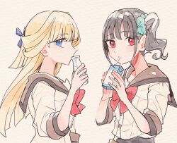 2girls blonde_hair blue_eyes blue_ribbon bottle bow bowtie brown_sailor_collar drinking drinking_straw green_scrunchie grey_hair hair_ornament hair_ribbon hair_scrunchie itomugi-kun long_hair looking_at_viewer milk_bottle milk_carton multiple_girls nekoyashiki_mayu nekoyashiki_yuki precure red_bow red_bowtie red_eyes ribbon sailor_collar sailor_shirt school_uniform scrunchie second_wangan_school_uniform shirt sketch upper_body white_background white_shirt wonderful_precure!