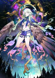 1girl ahoge animal_feet blunt_bangs blush breast_curtains breasts brown_wings bukurote capelet claws closed_mouth expressionless fate/grand_order fate_(series) feather_capelet feather_hair feathered_wings floating_hair full_body game_cg gradient_hair green_eyes green_hair hands_up harpy huge_ahoge jewelry large_breasts leg_up linea_alba loincloth long_hair long_sidelocks looking_at_viewer louhi_(fate) louhi_(third_ascension)_(fate) midair monster_girl multicolored_hair navel official_art pelvic_curtain purple_capelet purple_loincloth revealing_clothes sidelocks solo stomach tassel thighlet third-party_source underboob very_long_hair winged_arms wings