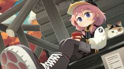1girl absurdres animal_ear_headwear artist_name autumn_leaves baseball_cap black_boots black_gloves black_jacket black_pantyhose black_shorts blue_eyes blue_sky boots breasts cat cloud cup daku_k day fake_animal_ears feet_out_of_frame fingerless_gloves gloves goggles goggles_on_headwear hat highres holding holding_cup jacket lace-up_boots leaf letterman_jacket long_sleeves looking_at_viewer low_twintails multicolored_hair pantyhose pink_hair shorts signature sitting sky small_breasts smile solo steam_(platform) steam_delivery_girl tree twintails white_sleeves wooden_house