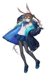 1girl absurdres amiya_(arknights) animal_ears anklet arknights arms_up ascot bead_anklet beads belt belt_buckle black_belt black_coat black_pantyhose blouse blue_coat blue_eyes blue_shoes blue_skirt brown_hair buckle buttons coat commentary eyelashes full_body hair_between_eyes highres hood hood_down hooded_coat jewelry loafers long_hair microskirt open_belt open_clothes open_coat open_mouth pantyhose plaid_clothes plaid_skirt pleated_skirt pocket ponytail purple_ascot rabbit_ears shirt shoes sidelocks simple_background skirt sleeveless sleeveless_shirt solo standing thigh_strap two-sided_coat two-sided_fabric very_long_hair white_background white_shirt yomi_tamashi