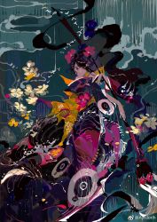 black_hair brush fate/grand_order fate_(series) flower hair_flower hair_ornament highres ink japanese_clothes katsushika_hokusai_(fate) kimono looking_to_the_side octopus off_shoulder painting_(medium) sash siyahiroi smile tagme traditional_media water watermark waves weibo_watermark