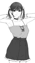 1girl absurdres armpits bracelet breasts choker cleavage earrings fang greyscale hands_up highres jewelry looking_at_viewer monochrome original short_twintails simple_background skirt small_breasts smile solo standing tantanmen72 twintails white_background