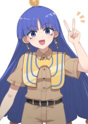 1girl :d absurdres belt blue_eyes blue_hair brown_shirt brown_shorts collared_shirt cowboy_shot earrings facial_mark hair_ornament highres jewelry key_earrings long_hair looking_at_viewer michigami_nareko open_mouth shiro3o2 shirt short_sleeves shorts smile solo straight-on touhou triangle triangle_facial_mark usekh_collar v white_background