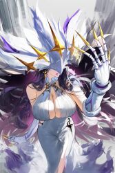1girl bare_shoulders breasts center_opening claws commentary cowboy_shot dreamless_(wuthering_waves) dress earrings english_commentary hand_up highres jewelry large_breasts lewdlily66 long_hair open_mouth personification pink_lips purple_hair solo tight_clothes tight_dress very_long_fingernails very_long_hair white_dress wuthering_waves yellow_nails