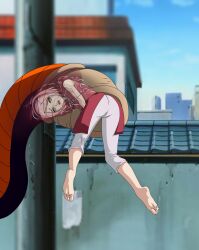 barefoot cell_(dragon_ball) dragon_ball elmonais feet green_eyes hairband haruno_sakura highres naruto naruto_(series) pink_hair soles tail tail_vore toes vore x-ray