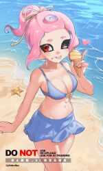 Rule 34 | 1girl, ;p, bare arms, bare shoulders, beach, bikini, bikini skirt, blue bikini, breasts, cleavage, closed mouth, collarbone, commentary, cowboy shot, fingernails, food, food on face, hair ribbon, heart, highres, holding, holding ice cream cone, ice cream, ice cream cone, jinkoika, looking at viewer, navel, nintendo, octoling, octoling girl, octoling player character, one eye closed, outdoors, pink hair, ponytail, red eyes, ribbon, sharp fingernails, smile, solo, splatoon (series), stomach, swimsuit, symbol-only commentary, tentacle hair, tongue, tongue out, yellow ribbon