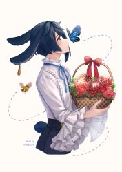 1boy animal_ears basket bee black_hair black_pants blue_hair blue_tail bow bug butterfly earrings flower genshin_impact hair_between_eyes holding holding_basket insect jewelry long_sleeves male_focus mikanchii pants rabbit_boy rabbit_ears rabbit_tail red_bow red_flower red_ribbon ribbon shirt short_hair single_earring solo tail tassel tassel_earrings white_background white_shirt xingqiu_(genshin_impact) yellow_eyes