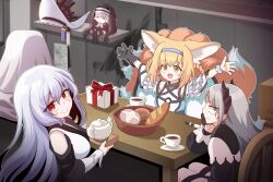 3girls animal_ears arknights black_gloves blonde_hair blue_hairband blush bread character_doll closed_mouth commentary_request cup doll food fox_ears fox_girl fox_tail gloves green_eyes grey_hair hairband highres irene_(arknights) kitsune korean_commentary kyuubi multiple_girls multiple_tails open_mouth red_eyes riffle_hunter second-party_source smile specter_(arknights) specter_the_unchained_(arknights) suzuran_(arknights) tail