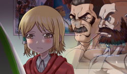 10s 1girl 2boys beard blonde_hair blue_eyes blush body_hair brown_eyes brown_hair chest_hair closed_mouth collarbone collared_shirt commentary_request dress_shirt facial_hair fading final_fight hidaka_koharu high_score_girl hood hood_down hooded_jacket indoors jacket mike_haggar mohawk multiple_boys muscular mustache poster_(object) red_jacket shirt street_fighter taka_(takahirokun) topless_male v-shaped_eyebrows white_shirt zangief